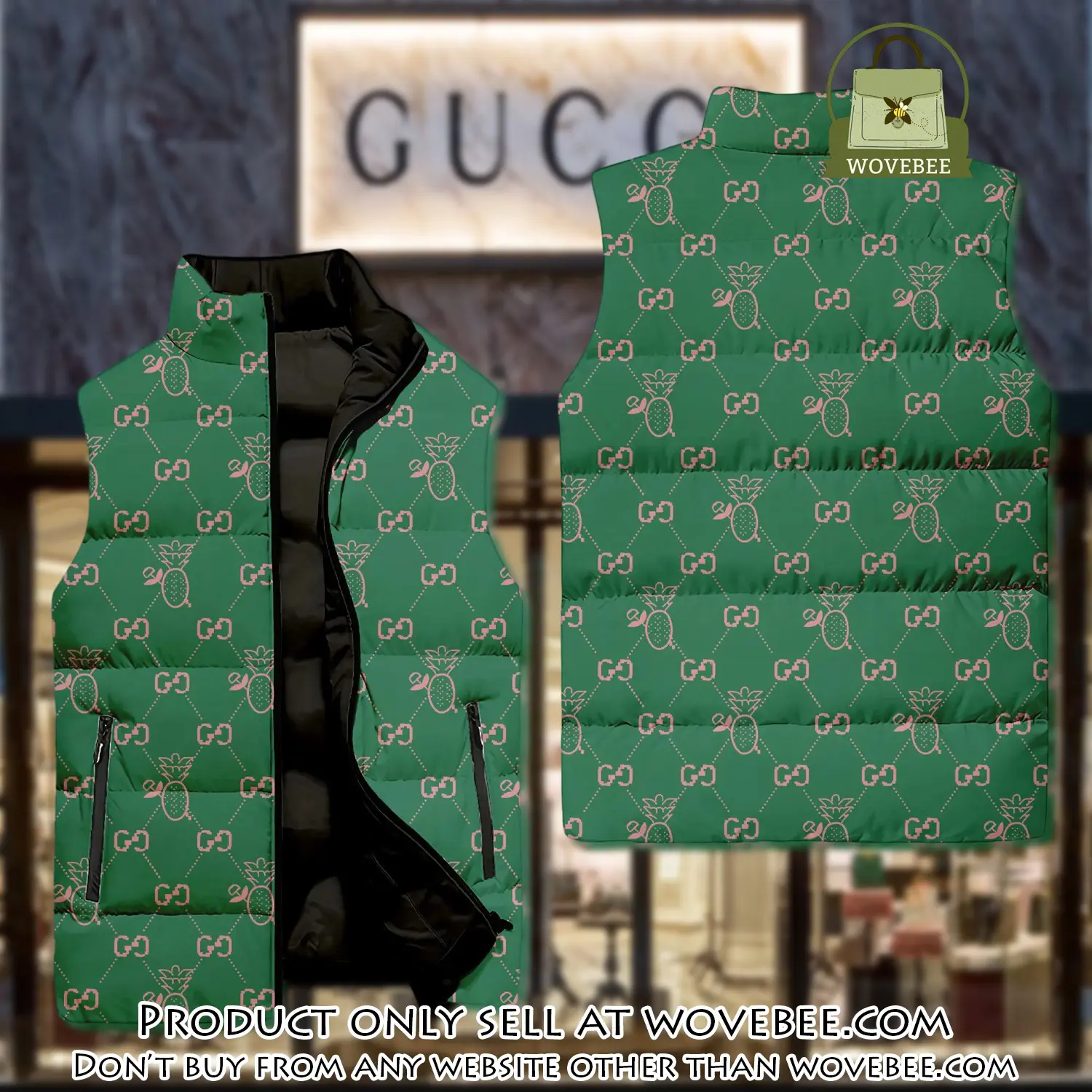 Gucci green pattern luxury brand 3d sleeveless down jacket wvb1058476